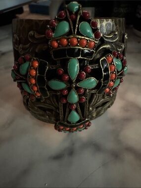 Ollipop Turquoise & Coral Beaded Brass Cuff